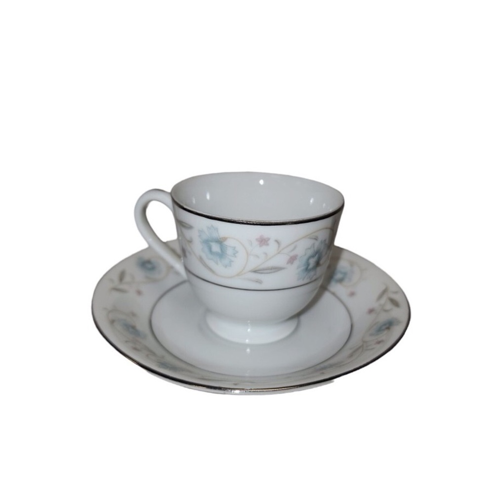 Elegant Fine China Cup and Saucer Set - White with Blue and Pink Floral Design